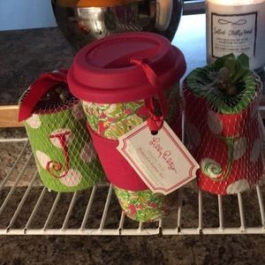 Travel mug and 2 huggies with J monogrammed